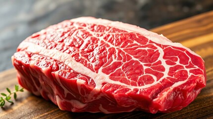 Raw Beef: The detail of the raw beef showcases its rich color and texture. The lighting enhances the quality and freshness of the meat, offering a delicious appeal.
