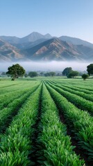 Vertical Landscape View of Tropical Field Rows of Green Plants and Trees in Mountain Background with Blue Sky