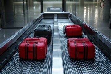 Fototapeta premium Suitcases moving on airport security conveyor belt during travel process