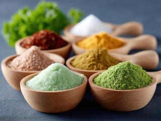 Vibrant Assortment of Culinary Spices and Herbs in Wooden Scoops on a Dark Surface