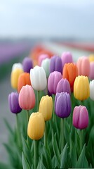 Vibrant Close Up Of Colorful Blooming Tulip Field With Raindrops Blurred Background