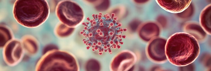 Microscopic view of blood cells interacting with viruses in the immune system