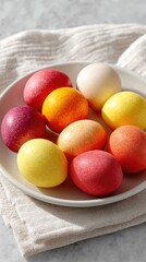 Vibrant Easter Eggs Displayed On Plate Against Textured Fabric Background