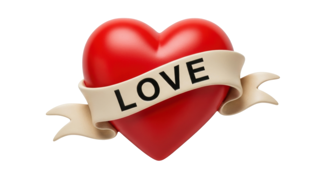 Isolated three-dimensional red heart with a banner and love on it for Valentine's Day