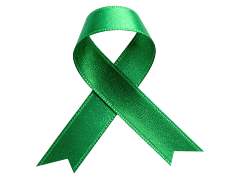 Emerald green ribbon, symbol of awareness, isolated on black