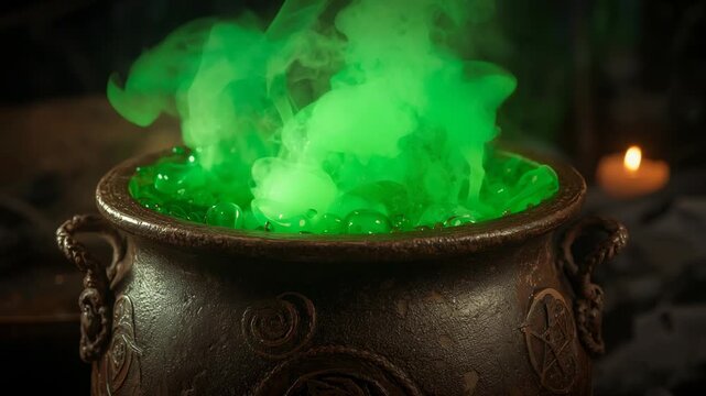Heating metal cauldron at workshop over candle flame causing green potion bubbling, emitting smoke