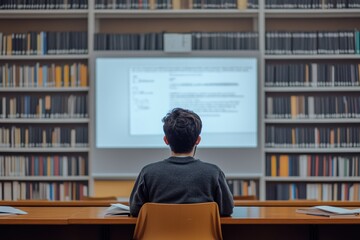 University student engaged in remote lecture while studying in library environment