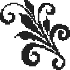 Obraz premium elegant pixel floral ornament design with curved leaves and vintage swirl, black and white monochrome decorative motif