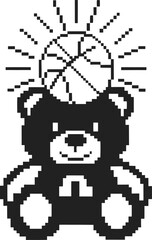 Obraz premium Pixel plush bear with basketball retro toy with smiling face, sunburst ball, black and white digital illustration