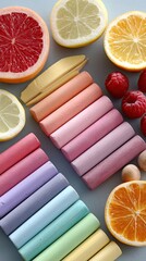 Vibrant Flat Lay Composition of Chalks and Citrus Fruits on Blue Surface