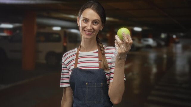 Woman holding green apple with gloved hand in parking building, wearing apron and striped shirt; happiness.