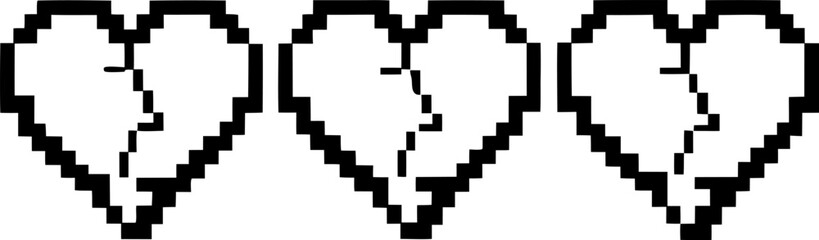Obraz premium Three pixelated broken hearts in a row retro digital love loss, 8 bit heart symbols, minimal black and white design