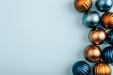 Blue and brown Christmas ornaments on a light background, top view. Flat lay, copy space
