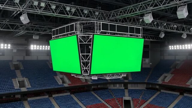 Empty sports arena with large digital scoreboard and multiple green screen panels, stadium interior with modern seating, event venue prepared for broadcast and customizable content