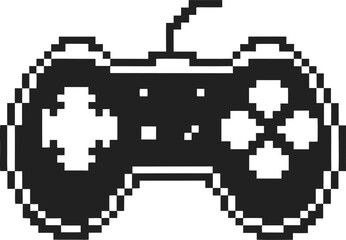 Obraz premium Pixel art game controller icon retro video gaming joystick, black and white design, nostalgic entertainment interface symbol