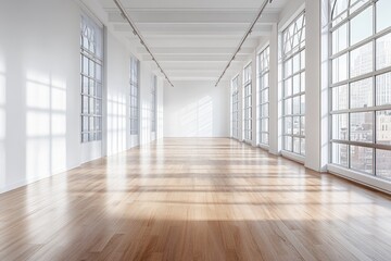 Obraz premium Empty sunlit room with large windows, hardwood floor, and a minimalist design