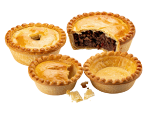 Four small meat pies, golden crust, one sliced open