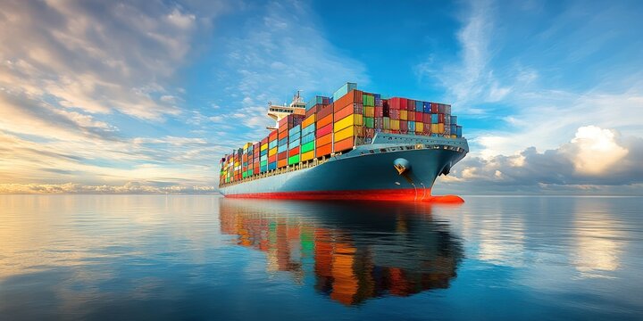A container ship floats peacefully on calm water reflecting a cloudy sky. Cargo holds goods