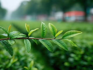 Vibrant Green Tea Leaves on a Branch with Water Droplets in a Tea Garden