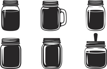Set of Six Jar Illustrations Featuring Mason Jars, Mugs, and Containers with Lids Isolated on White Background for Culinary Design