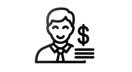 Isolated businessman with dollar symbol and payments bars, black line drawing, financial services