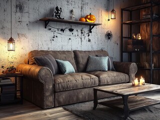 Stylish Halloween Living Room: Brown Leather Sofa, White Concrete Wall with Pumpkin Garland & Skeleton Figurines, Black Metal Shelf, Warm Lighting (Modern Interior)