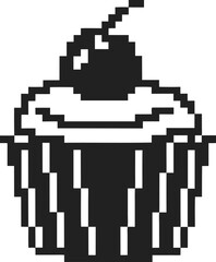 Fototapeta premium Pixel art cupcake with cherry on top retro dessert illustration in monochrome style, vintage bakery sweet treat minimal design