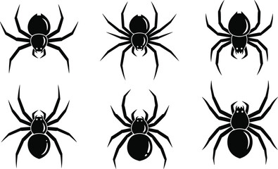 Set of Six Stylized Spider Silhouettes with Distinct Body Shapes and Leg Positions Isolated on White Background for Design Use