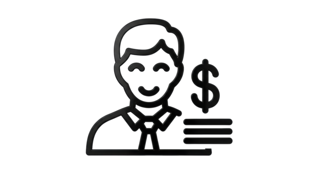 Isolated businessman with dollar symbol and payments bars, black line drawing, financial services