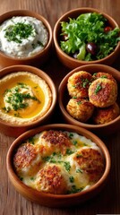 Vibrant Mediterranean Food Arrangement in Wooden Bowls on a Dark Wooden Surface