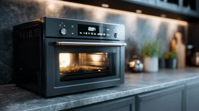 Medium shot of a compact selfcleaning oven with digital controls glowing softly the main appliance sharp against a blurred modern kitchen backdrop.