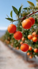 Vibrant Orange Citrus Fruits Hanging On Branch In Orchard With Green Leaves And Clear Blue Sky
