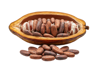 Cocoa pod open with beans isolated on transparent background