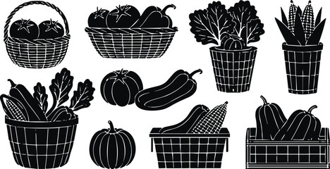 Silhouettes of Baskets and Containers Filled with Vegetables and Fruits Including Corn, Tomatoes, and Peppers Isolated on White Background