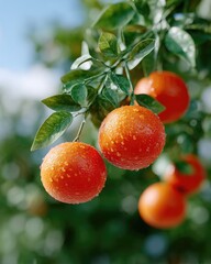 Vibrant Oranges Growing on Green Tree Branches with Water Droplets under Sunny Daylight