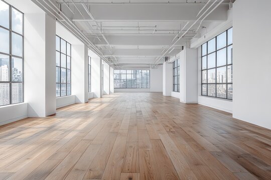 Bright, empty loft space with large windows, wood floors, and exposed ceiling pipes overlooking a city