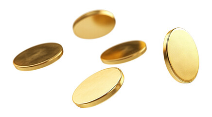Shiny blank gold coins, tokens, or chips, flying in the air, isolated on transparent cutout background