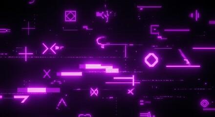 Abstract purple neon digital symbols and geometric shapes glowing on a dark background, creating a futuristic and technological pattern.