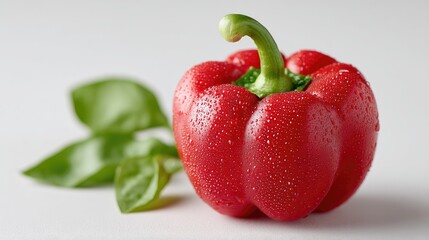 Vibrant Red Bell Pepper Isolated On White With Green Basil Leaves And Droplets