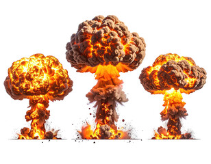 Three powerful explosions erupt in sequence, vivid orange and yellow flames and smoke billowing against a black backdrop