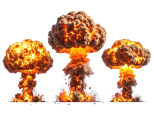 Three powerful explosions erupt in sequence, vivid orange and yellow flames and smoke billowing against a black backdrop