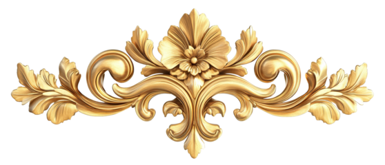 Golden baroque decorative floral ornament, isolated on transparent cutout background