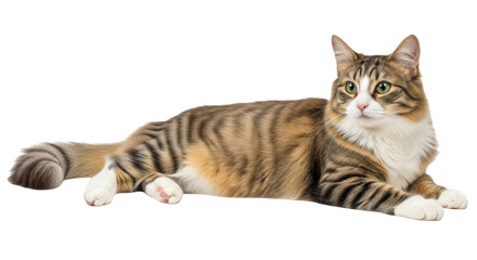 Isolated brown tabby cat lying down with bright green eyes looking ahead to the left