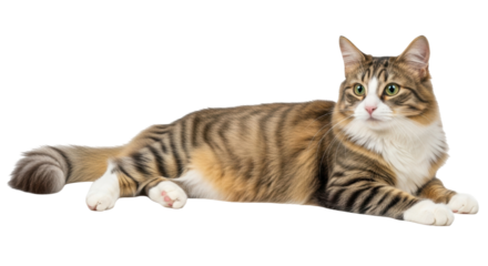 Isolated brown tabby cat lying down with bright green eyes looking ahead to the left