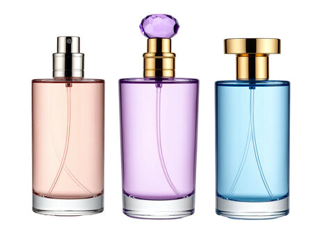 Three perfume bottles, pastel colors, glass, spray tops