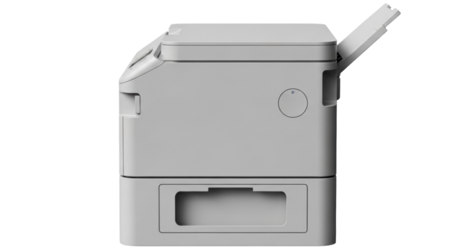 Isolated gray office printer, modern design, with paper tray opened, office equipment