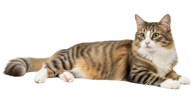 Isolated brown tabby cat lying down with bright green eyes looking ahead to the left
