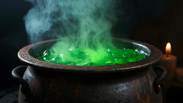 Heating cast-iron cauldron with lit candle in dark chamber, bubbling neon potion with rising vapor