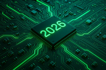Future technology concept with a high-speed central processing unit or cpu microchip component embedded on a glowing green circuit board representing digital innovation and data progress in 2026
