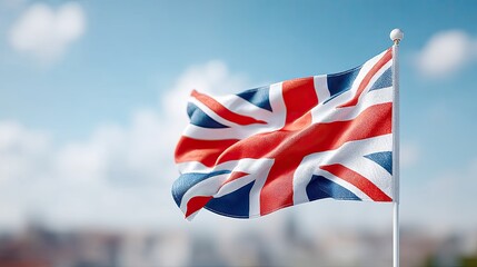 Union Jack Flag Waving Against Blue Sky with Softly Blurred Background